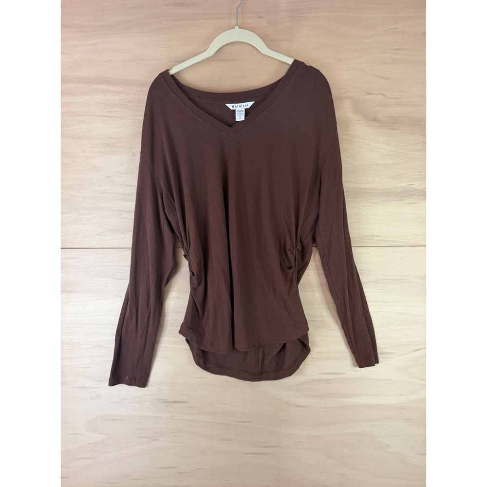 Athleta Outbound V-Neck Top Brown Long Sleeve Ruched Side Shirt Size L